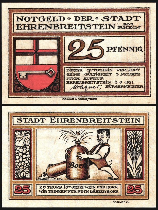 Alte deutsche Banknote mit einem Mann in weißem Hemd und blauer Mütze, der eine Bierflasche hält, mit Text 'Bier' und einem gekrönten Wappen-Logo.