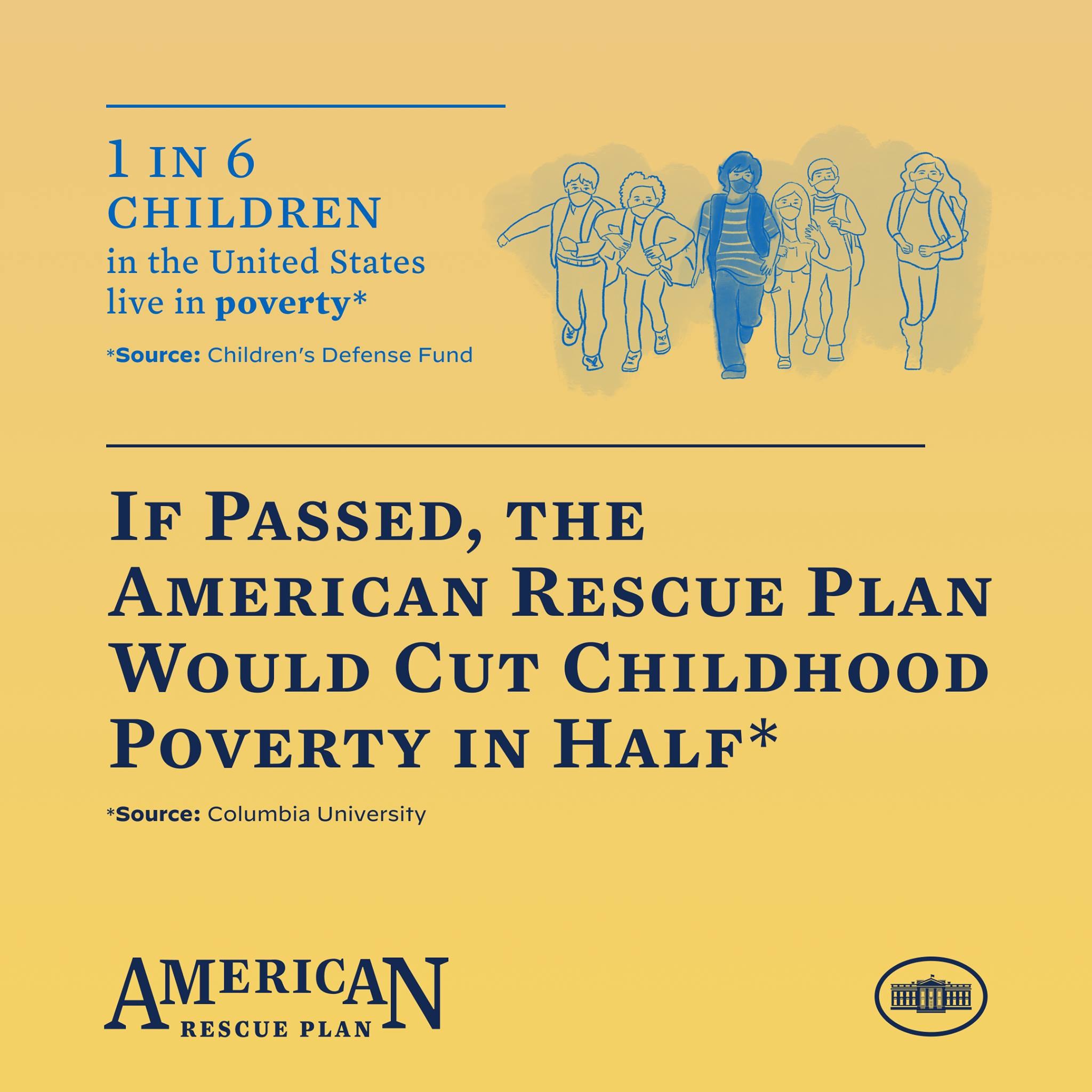 Plakat für den American Rescue Plan, mit dem Text, dass er die Kindarmut in den USA halbieren würde und einem Bild einer vielfältigen Gruppe von Menschen.