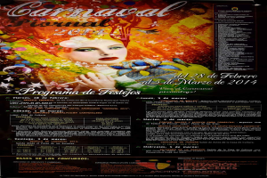 Eine Frau in einem bunten Kleid, die lacht, umgeben von dem Text "Carnaval Festival 2014" auf einem leuchtend gelben Hintergrund.