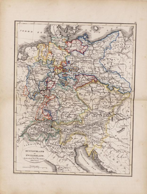 Altes Buch zeigt detaillierte Karte von Deutschland und den Niederlanden mit Städten, Dörfern und geografischen Merkmalen sowie begleitendem Text.