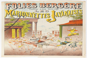 Ein Plakat f"ur eine Tanzshow in Paris, das eine Gruppe von Menschen im Vordergrund zeigt, die tanzen, mit einem Geb"ude, B"umen und Himmel im Hintergrund und Text auf dem Plakat.