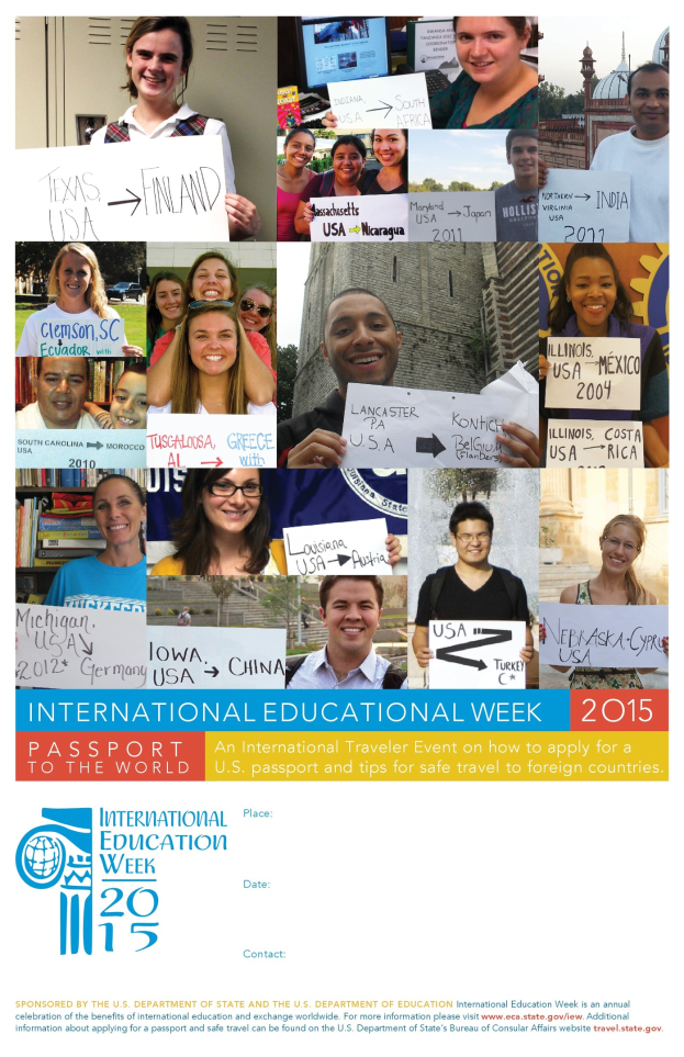 Internationaler Bildungswoche 2015 Plakat mit einer Gruppe strahlender Menschen, die Schilder mit textbezogenen Inhalten halten.