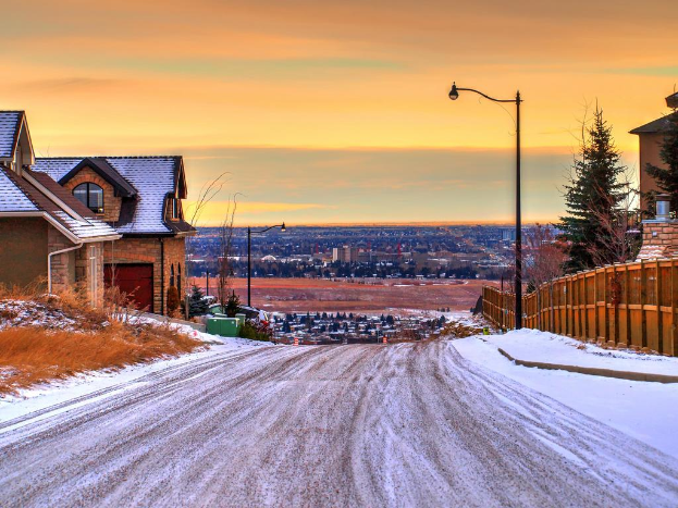 Eine Straßenszene mit Häusern, Gebäuden, Bäumen und Straßenlaternen, mit Pflanzen, Gras, einer Straße und Eis im Vordergrund.