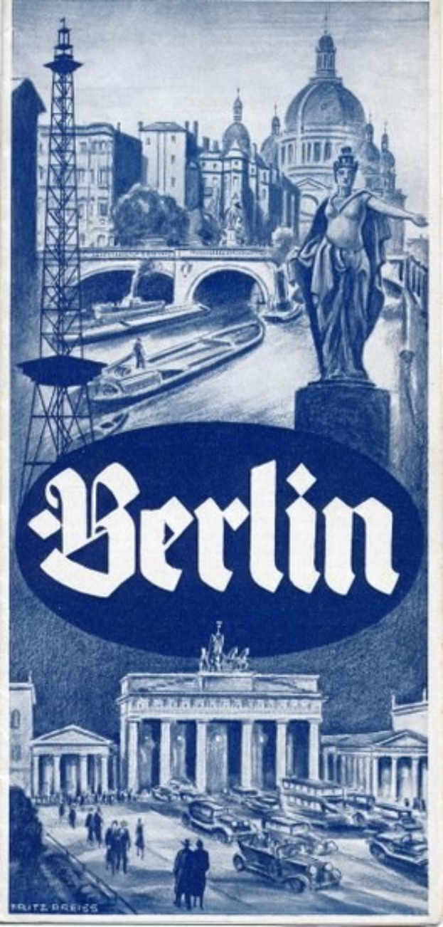 Plakat, das Berlin, Deutschland, bewirbt, mit einer Statue, Gebäuden, einem Turm, Menschen, Fahrzeugen auf der Straße und einer Brücke, mit Text, der Informationen über die Stadt enthält.