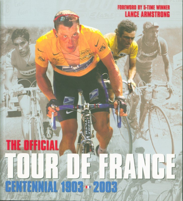 Offizielles Tour-de-France-Jubiläumsplakat (1903–2003) mit einer Gruppe Radfahrer und begleitendem Text.