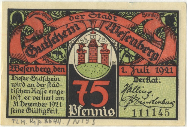 Alte deutsche Banknote mit einem Gebäude, dem Text "Bundesliga" und einem Logo auf weißem Hintergrund.