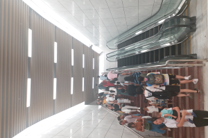 Eine Gruppe von Menschen steht in einer Reihe am Flughafen, trägt Taschen und wartet auf ihren Flug, mit einer Rolltreppe im Hintergrund und sichtbaren Flughafenwänden auf der linken Seite.
