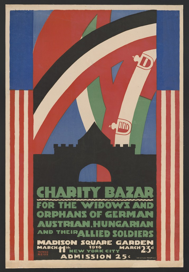 Plakat für eine Charity-Bazaar zugunsten von Witwen und Waisen deutscher, australischer, ungarischer und alliierter Soldaten mit Text zu den Veranstaltungdetails.