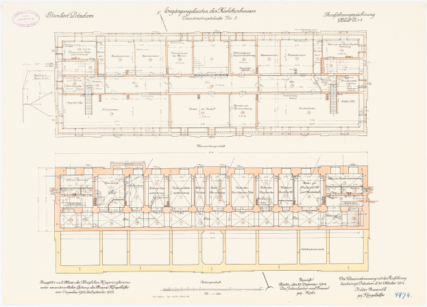 Ein detaillierter Grundrissplan des Stadtplatz-Gebäudes in Dresden, Deutschland, mit zahlreichen Räumen, Anmerkungen und Texten zur Beschreibung des Layouts.