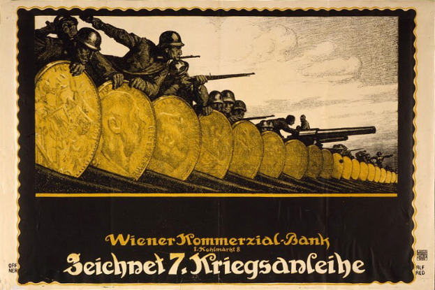 Ein deutscher Propagandaplakat aus dem Zweiten Weltkrieg, das eine Gruppe von Helden mit Waffen zeigt, mit "Wiener Kommmerzial Bank" unten.