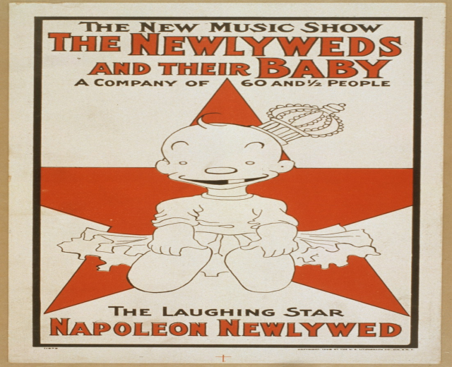 Plakat für "The New Music Show: The Newlyweds and Their Baby" mit einer Cartoon-Baby in einem weißen Onesie mit pinker Schleife, das gegen einen hellblauen Hintergrund mit Sternen lächelt.