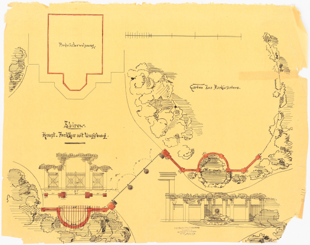 Ein detailliertes architektonisches Zeichnung eines Bauplans mit einer roten Linie, die den geplanten Standort für einen neuen Park markiert, begleitet von Text und Diagrammen.