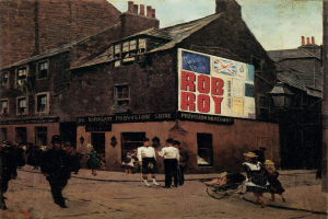 Ein Gemälde, das Menschen zeigt, die vor einem Gebäude mit Fenstern und einer Tafel mit der Aufschrift "Rob Roy - The Kirkgate Provision Store" die Straße entlanggehen, unter einem Himmel.