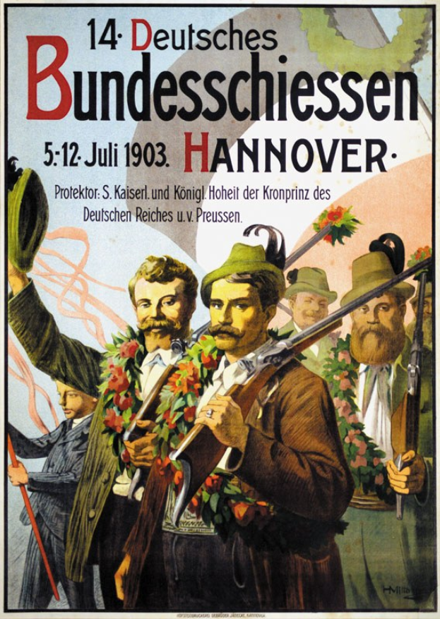 Deutscher Propagandaplakat aus dem Zweiten Weltkrieg, das eine Gruppe von Menschen in Girlanden zeigt, die Gewehre halten, mit Text oben und unten.