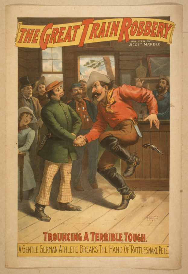 Ein Plakat, das eine Gruppe von Menschen in einem Raum zeigt, einer hält eine Waffe, mit Text oben und unten: "Der große Zugraub - Trouching ein schreckliches Tough".