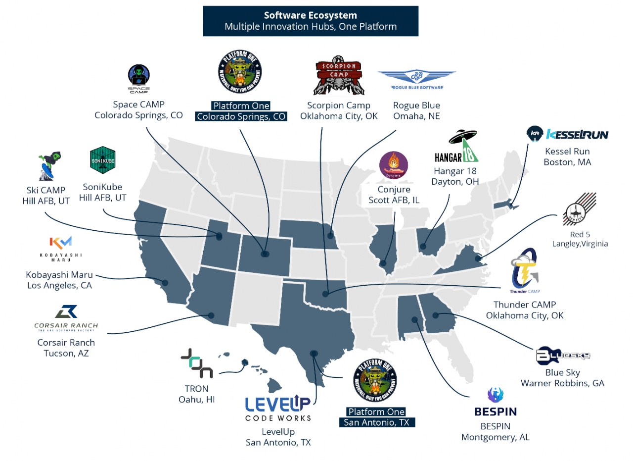 Eine Karte der Vereinigten Staaten mit Firmenlogos und Text, der die Standorte des Software-Ökosystems angibt.