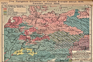 Ein Plakat mit einer detaillierten Karte von Mitteleuropa aus dem Jahr 1618, die mit Texten versehen ist, die die religiöse Landschaft der Region beschreiben.