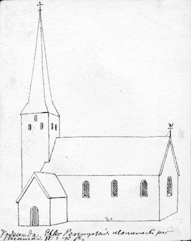 Eine Zeichnung einer Kirche mit einem Kirchturm, Ziffernblatt und Fenstern, beschriftet als in Leipzig, Deutschland gelegen.