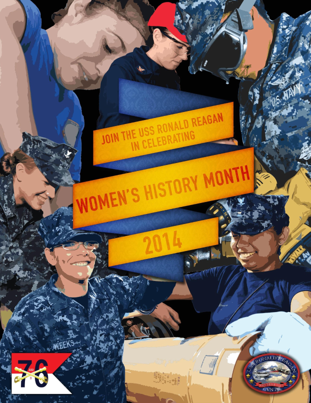 Plakat zum Women's History Month 2014 mit einer Gruppe uniformierter Personen, eine hält ein Objekt und trägt eine Brille, mit Textüberlagerung.