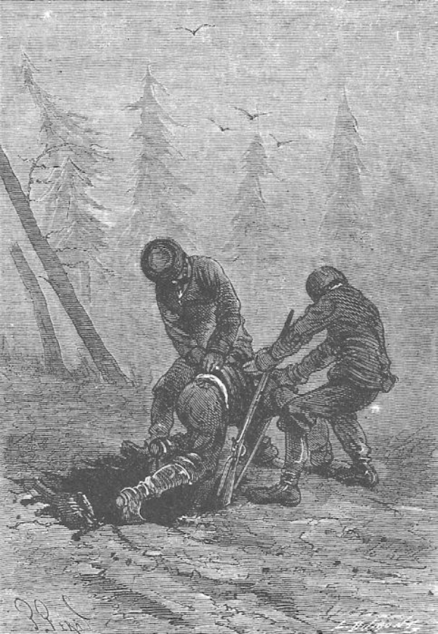 Eine Schwarzweiß-Radierung von zwei Männern in einem Waldgebiet, einer hält eine Waffe, mit Vögeln am Himmel und Text unten lesbar 'Der Tod eines deutschen Soldaten'.