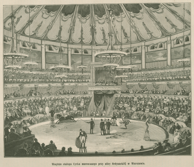 Ein altes Schwarz-Weiß-Zeichnung von einer Zirkusszene mit Menschen auf der Bühne, einige auf Stühlen sitzend, und Kronleuchter von der Decke hängend, mit Text unten.