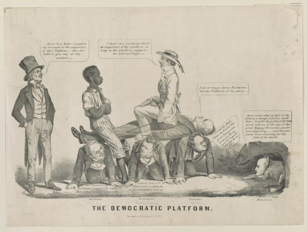 Schwarz-weiß-Illustration einer vielseitigen Gruppe von Menschen, einige sitzen, andere stehen, mit der Überschrift "Die demokratische Plattform" darüber.