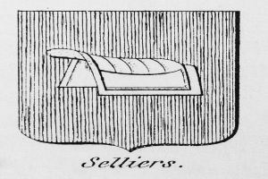 Schwarze und weiße Zeichnung eines Schildes mit dem Wort "selliers" unten.