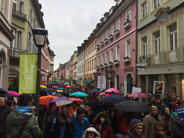 Große Gruppe von Menschen, die mit Schirmen die Straße entlanggehen, einige tragen Taschen und halten Schilder, während sie an einem Klimastreik in Deutschland teilnehmen, mit Gebäuden und einem Laternenmast im Hintergrund.