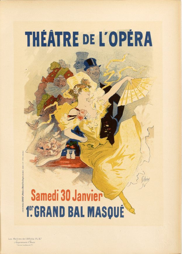 Plakat für das Théâtre de l'Opéra in Paris mit einer Frau in einem weißen Kleid mit einem blauen Schal, ihr Haar zu einem Dutt gebunden, vor einem tiefblauen Nachthimmel mit Sternen und schwarzer, fetter Schrift, die 'Theater der Oper' lautet.