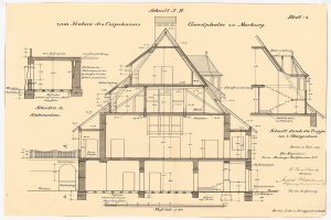 Ein detailliertes architektonisches Zeichnung eines Hauses mit zahlreichen Fenstern und einem Dach, identifiziert als das erste Haus in Deutschland, begleitet von Plänen und Text, der seine Struktur beschreibt.