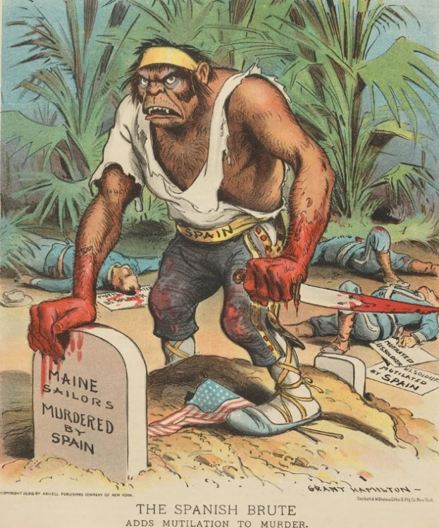 Eine Karikatur eines Mannes mit einem Messer vor einem Grab mit Text darauf, umgeben von liegenden Menschen und Bäumen im Hintergrund; Text unten lautet: "Der spanische Barbar fügt Verstümmelung zum Mord hinzu."