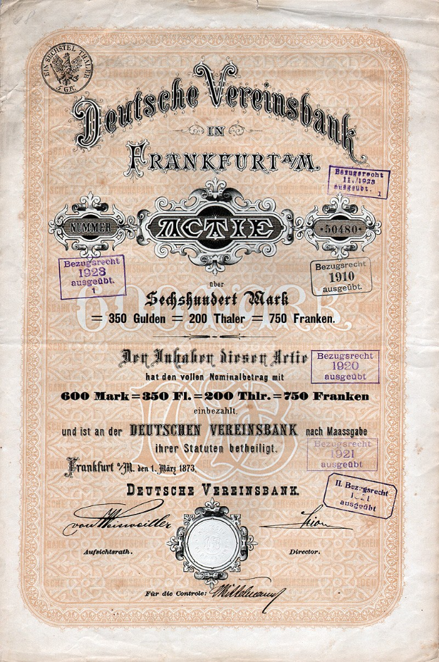 Altes deutsches Aktienzertifikat der Deutschen Vereinsbank in Frankfurt, auf Papier gedruckt mit sichtbarem Text.