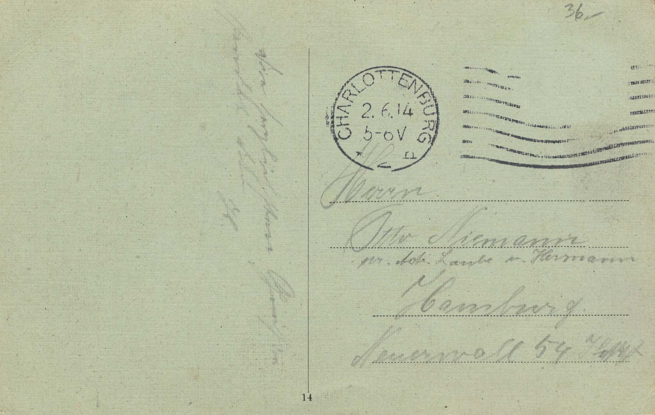 Eine alte Postkarte mit einer Briefmarke, die "Charlottenburg, Deutschland, 2 6 14 vf" lautet und Text, der darauf hinweist, dass sie aus der Stadt Charlotte stammt.