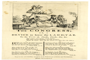 Ein Blatt mit einer Zeichnung einer vielfältigen Gruppe von Menschen in traditioneller Kleidung und dem Text "Der Kongress oder, Vorrichtung zur Senkung der Grundsteuer" in fetter Schrift, umgeben von einem dekorativen Rahmen.