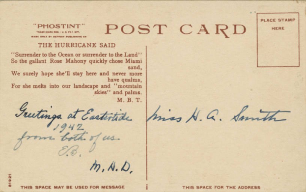 Alte Postkarte mit einem Porträt eines Mannes auf der Vorderseite und handgeschriebenem Text auf der Rückseite.