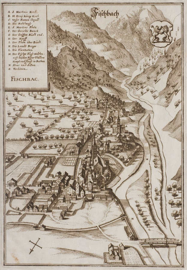 Alte Karte von Fischbach, Deutschland, zeigt H├Ąuser, B├Ąume, Hügel, einen gewundenen Fluss, Text und ein Logo auf vergilbtem Papier.