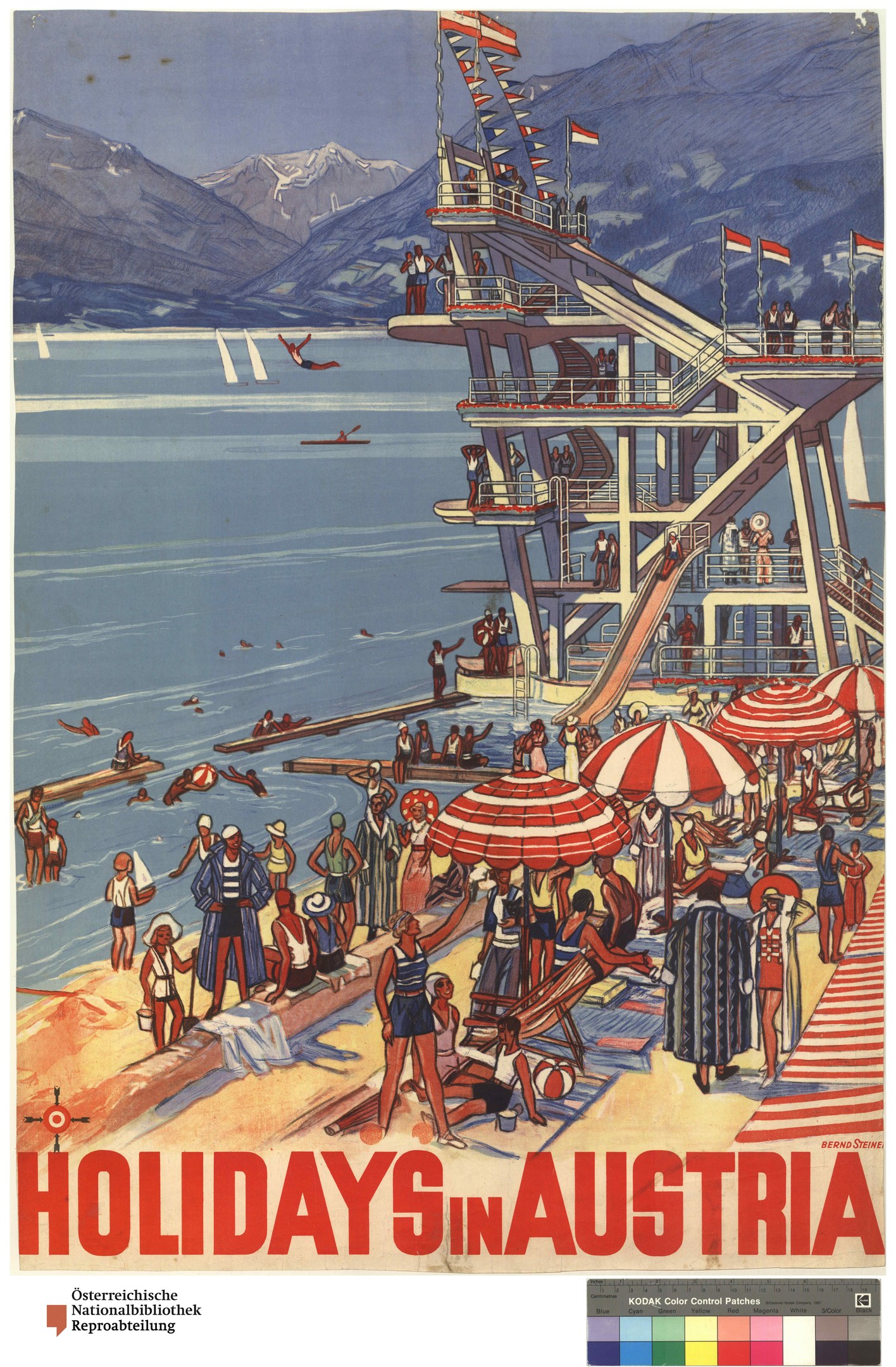 Plakat, das Urlaube in Österreich mit Menschen am Strand, Schirmen, einem Schiff, Fahnen und Bergen im Hintergrund sowie Text ankündigt.