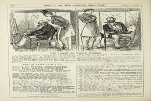 Ein altes Buch mit einer Zeichnung eines Mannes in einem Anzug, der in einem Stuhl sitzt und einen ernsten Gesichtsausdruck hat, und einer Frau, die neben ihm steht und nachdenklich aussieht, betitelt mit "Die Macht der öffentlichen Meinung".