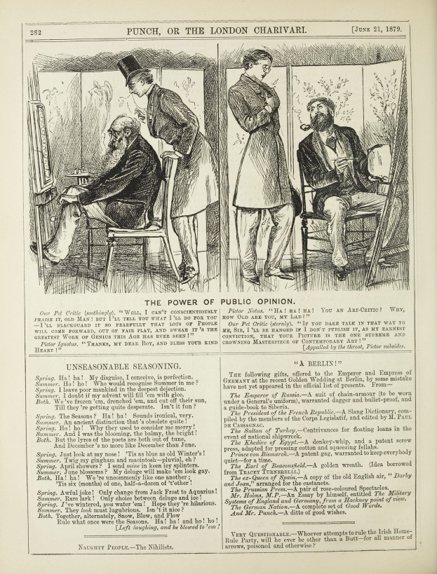 Ein altes Buch mit einer Zeichnung eines Mannes in einem Anzug, der in einem Stuhl sitzt und einen ernsten Gesichtsausdruck hat, und einer Frau, die neben ihm steht und nachdenklich aussieht, betitelt mit "Die Macht der öffentlichen Meinung".
