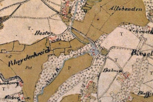 Detailierte alte Karte von Rheyderard mit Straßen, Gebäuden und Sehenswürdigkeiten mit Textangabe zum Standort der Stadt.