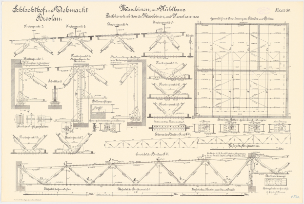 Ein detaillierter architektonischerBlueprint einer Eisenbahnbrücke, der beschriftete konstruktive Komponenten wie Trägern und Balken auf Papier zeigt.