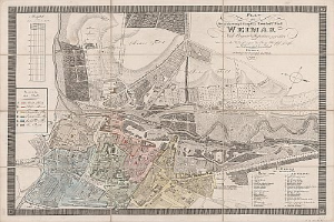 Detailiertes altes Stadtplan von Weimar, Deutschland, mit Straßennamen, Gebäuden und Sehenswürdigkeiten mit beschreibendem Text.