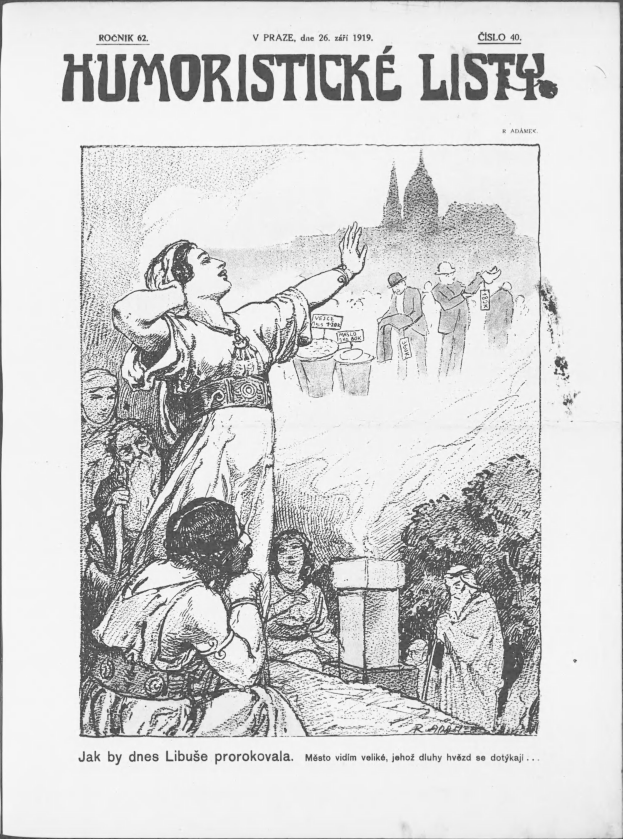 Eine Schwarz-Weiß-Zeichnung einer Frau, die vor einer Menge steht und ein Blatt Papier mit der Aufschrift 'Humoristische Liste' hält.