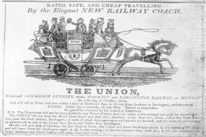 Schwarz-weiß-Anzeige in einer Zeitung für den Gewerkschaftsverband, die eine Kutsche mit einer Gruppe von Menschen zeigt.