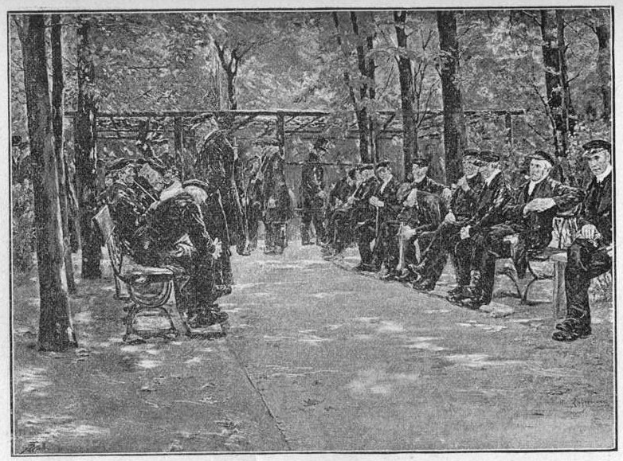 Schwarzes und weißes Foto von Menschen, die auf Parkbänken unter Bäumen sitzen, mit einer Hütte im Hintergrund und Text unten, der die New York Public Library in New York City, New Jersey, USA identifiziert.