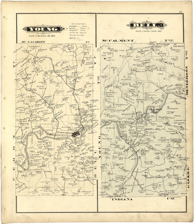 Detailierter alter Stadtplan von Young, Indiana, mit Straßen, Gebäuden und Sehenswürdigkeiten.