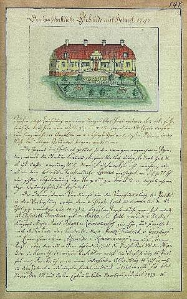 Altes Dokument mit einer detaillierten Zeichnung eines weißen Hauses mit rotem Dach, signiert von der Schleswig-Holstein-Schule Delmar, datiert 1797.