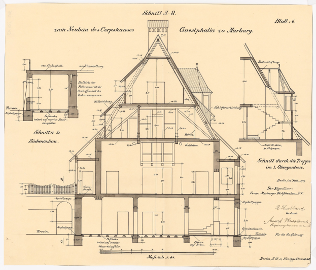 Ein detailliertes architektonisches Zeichnung eines Hauses mit zahlreichen Fenstern und einem Dach, identifiziert als das erste Haus in Deutschland, begleitet von Plänen und Text auf dem Papier.