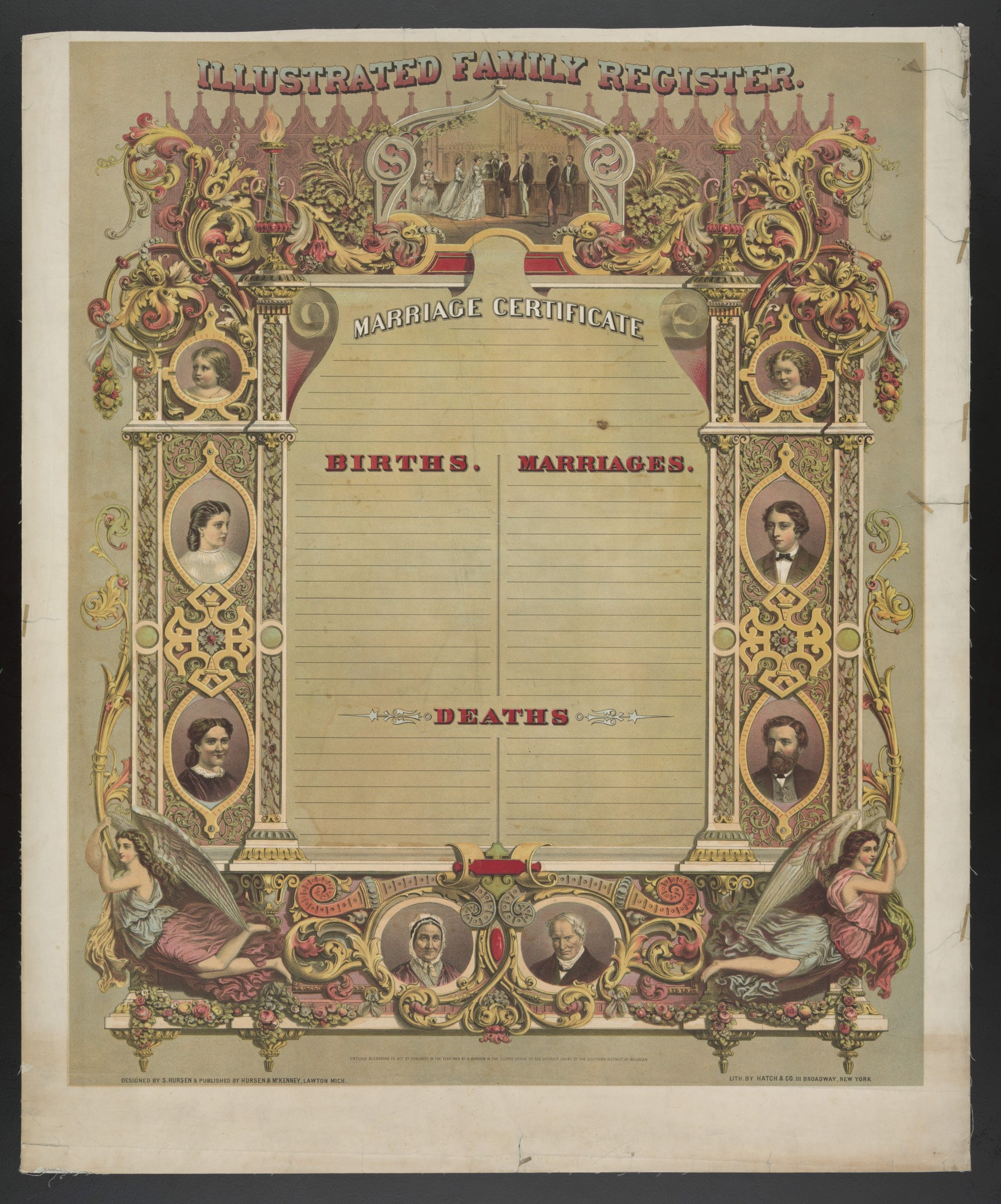 Illustrierter Familienstammbuch-Eintrag für Hochzeit auf schwarzem Hintergrund mit Bildern von Menschen und Text 'Geburten, Heiraten, Sterbefälle'.