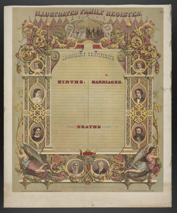 Illustrierter Familienstammbuch-Eintrag für Hochzeit auf schwarzem Hintergrund mit Bildern von Menschen und Text 'Geburten, Heiraten, Sterbefälle'.